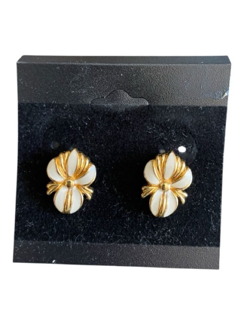 Gold and White Orchid Earrings, Vintage Enamelware, Pierced Floral Studs